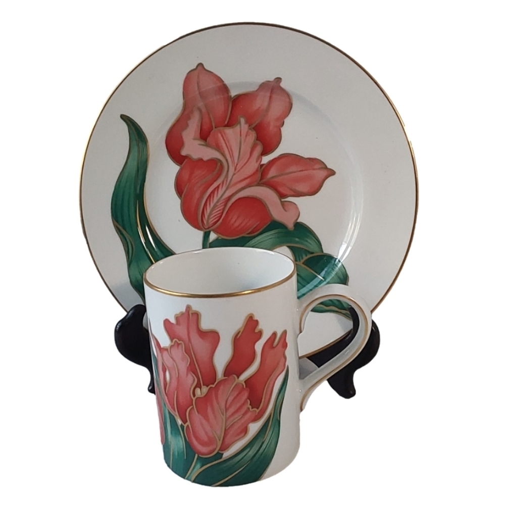 FITZ & FLOYD " TULIPE ROUGE" FINE PORCELAIN MUG/ CAKE PLATE